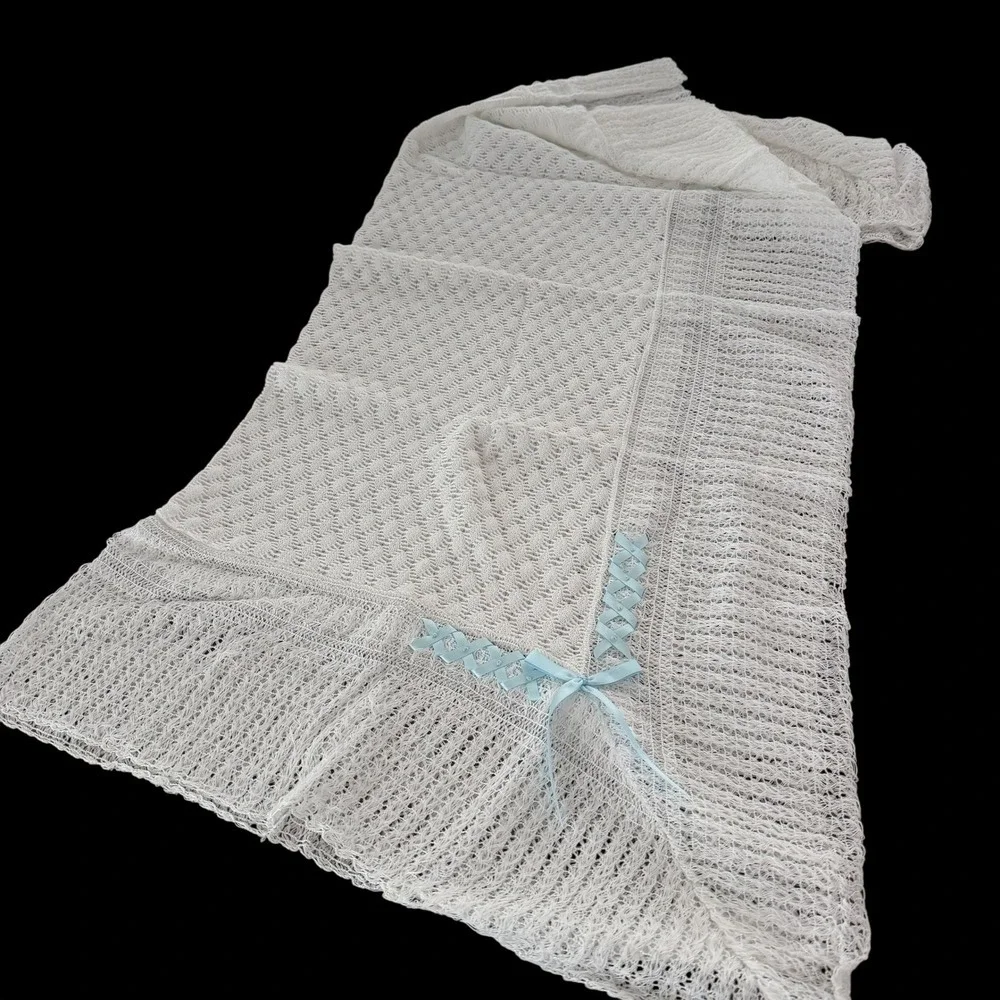 Julius Berger Baby Christening Blanket‎ White Acrylic Lace Blue Ribbon USA 40x40